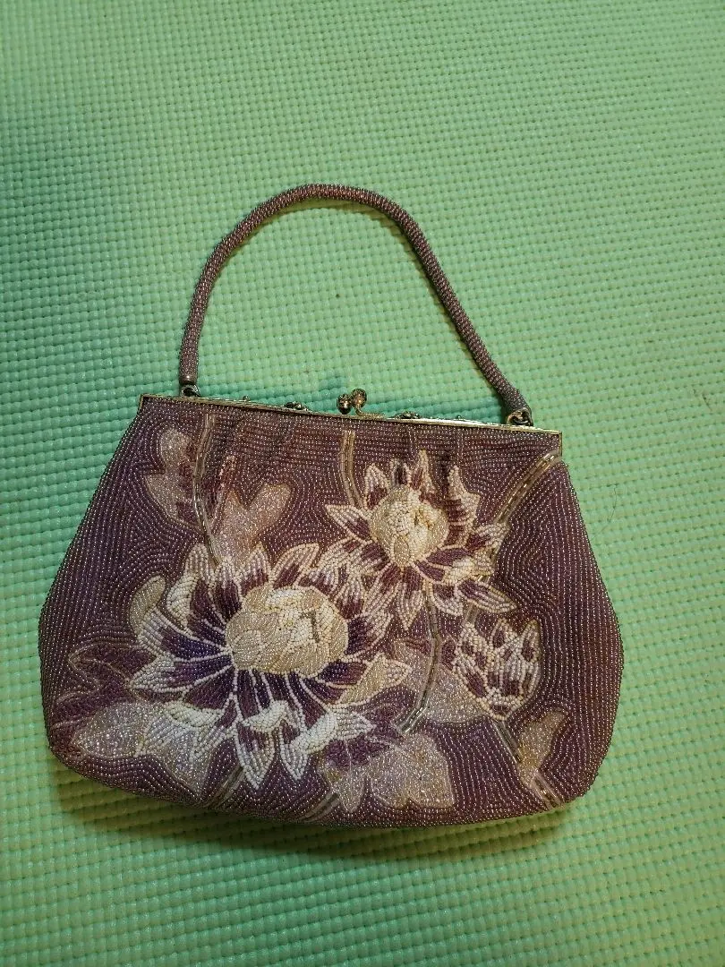 Thumbnail of Showa Retro Luxurious Beaded Bag, Lotus Flower Clutch Bag, Purple