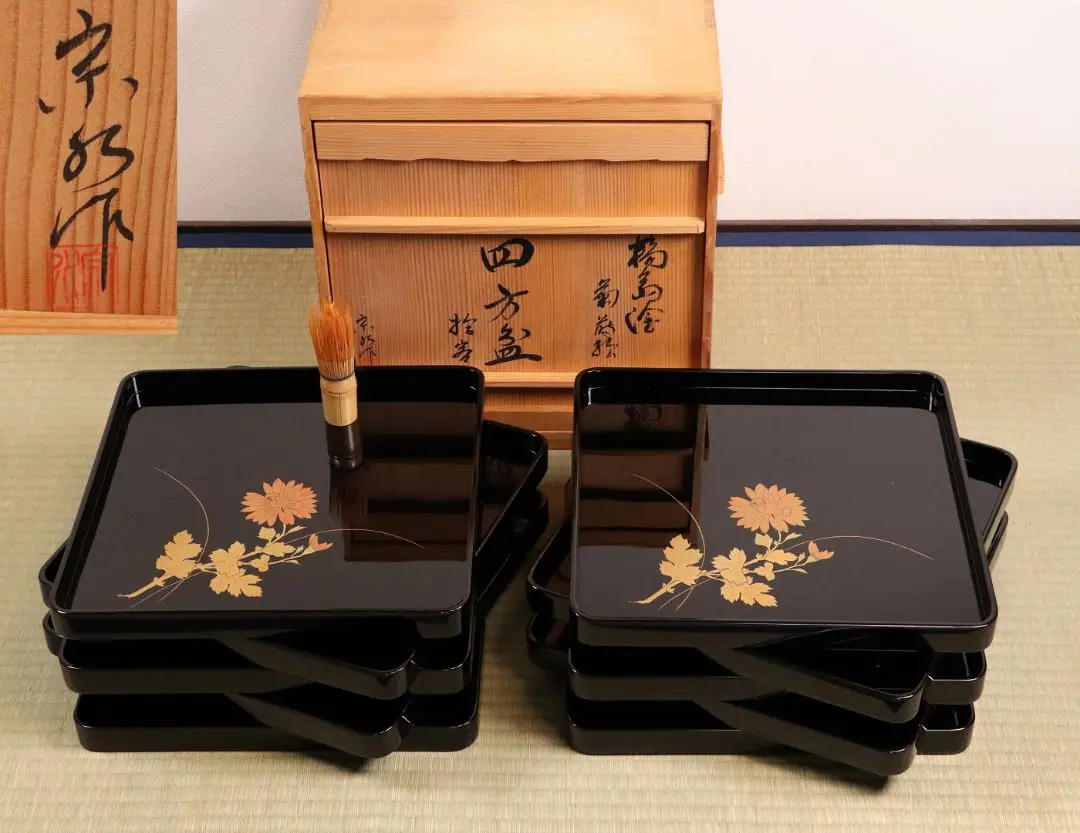 中村宗悦輪島塗黒塗四方盆茶道具表千家共箱