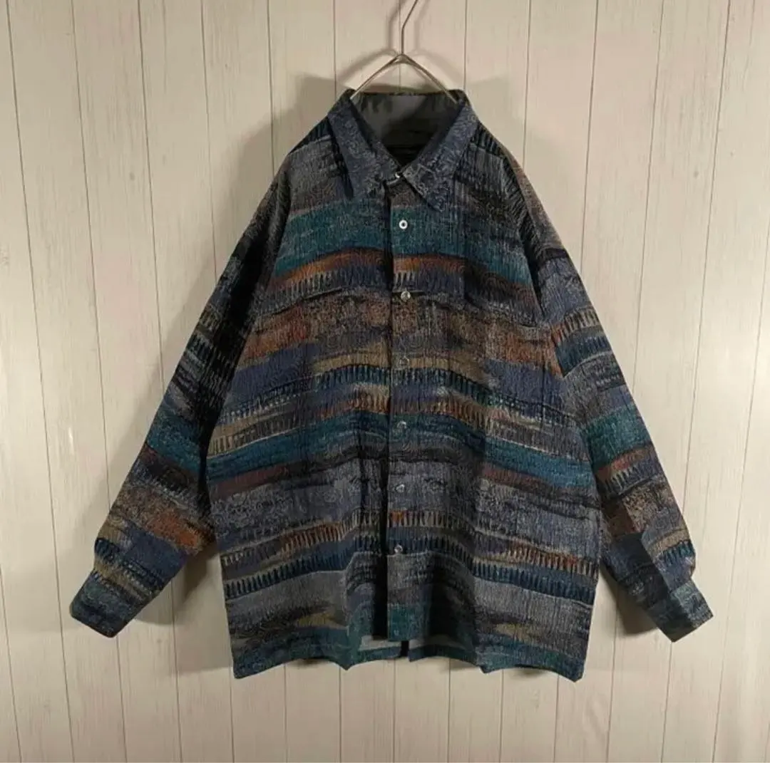 Thumbnail of [Used Clothing] Vintage Long Sleeve Shirt All-over Print Retro Ocean Blue Designer Used Clothing Blue