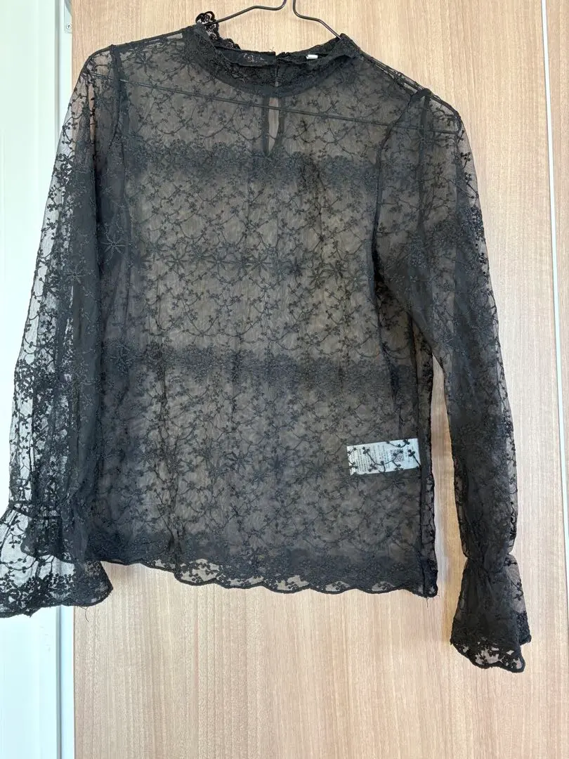 透膚襯衫 蕾絲襯衫 長袖襯衫 黑色 應酬服 的縮圖