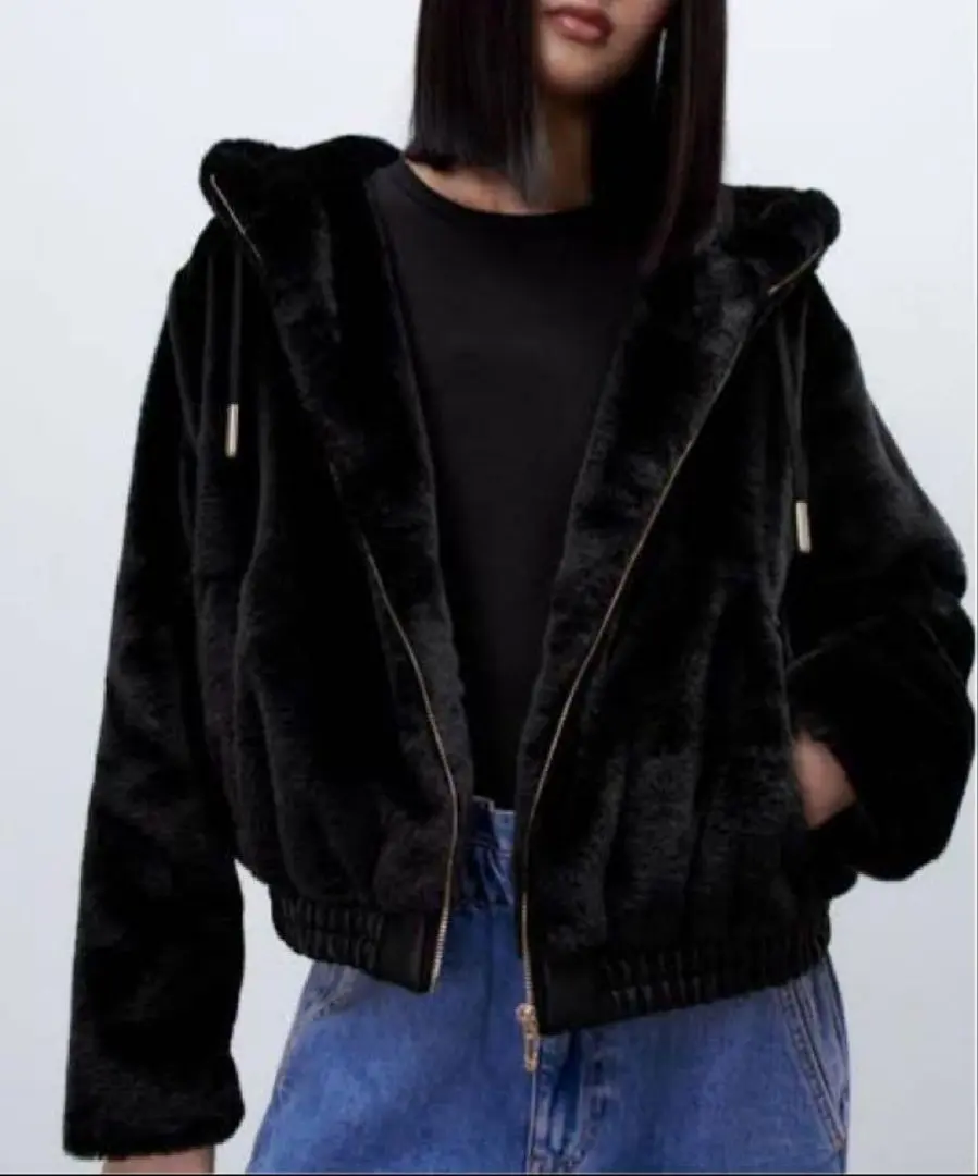 ZARA フェイクファーフーデッドダウン パフジャケットMサイズ ダウンフェザー100% パフジャケット - ブラック | ZARA Japan / 日本