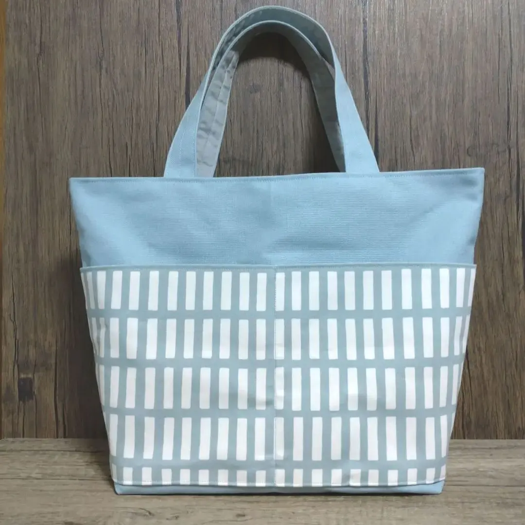 Thumbnail of Smoke blue plaid & canvas tote bag with many pockets, handmade