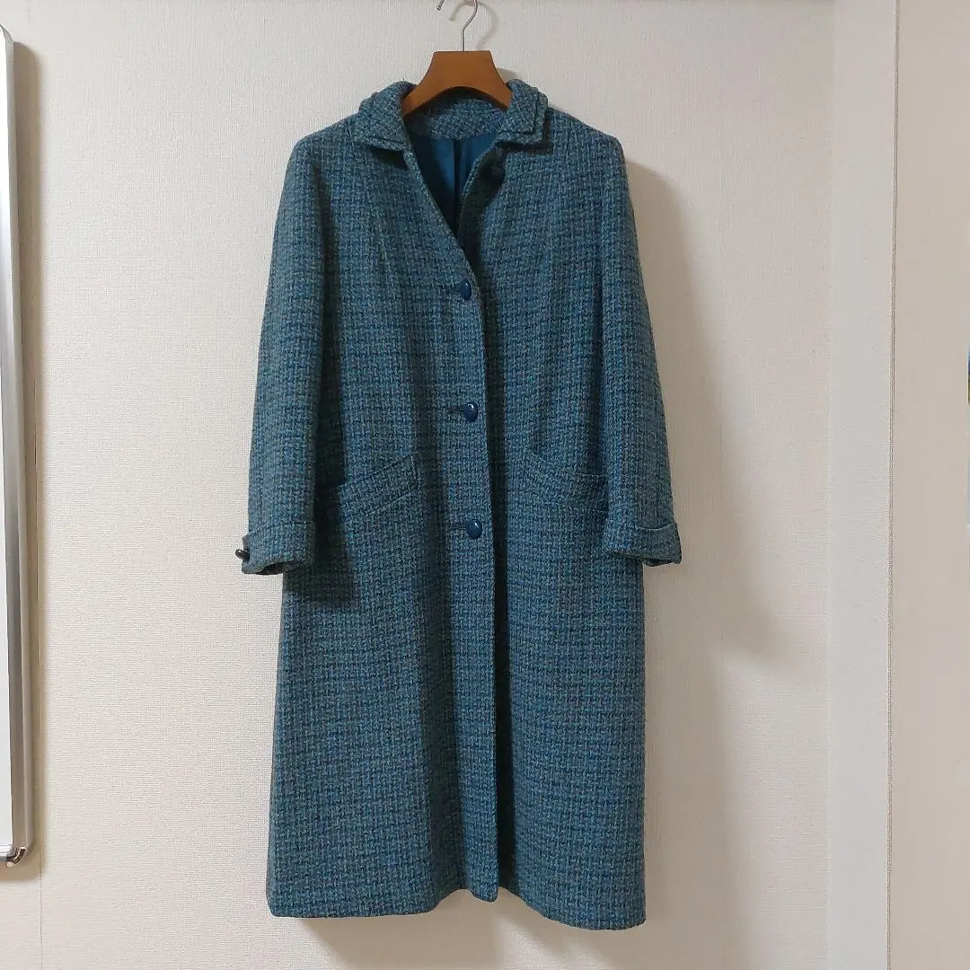 藍色系粗花呢長大衣 的縮圖
