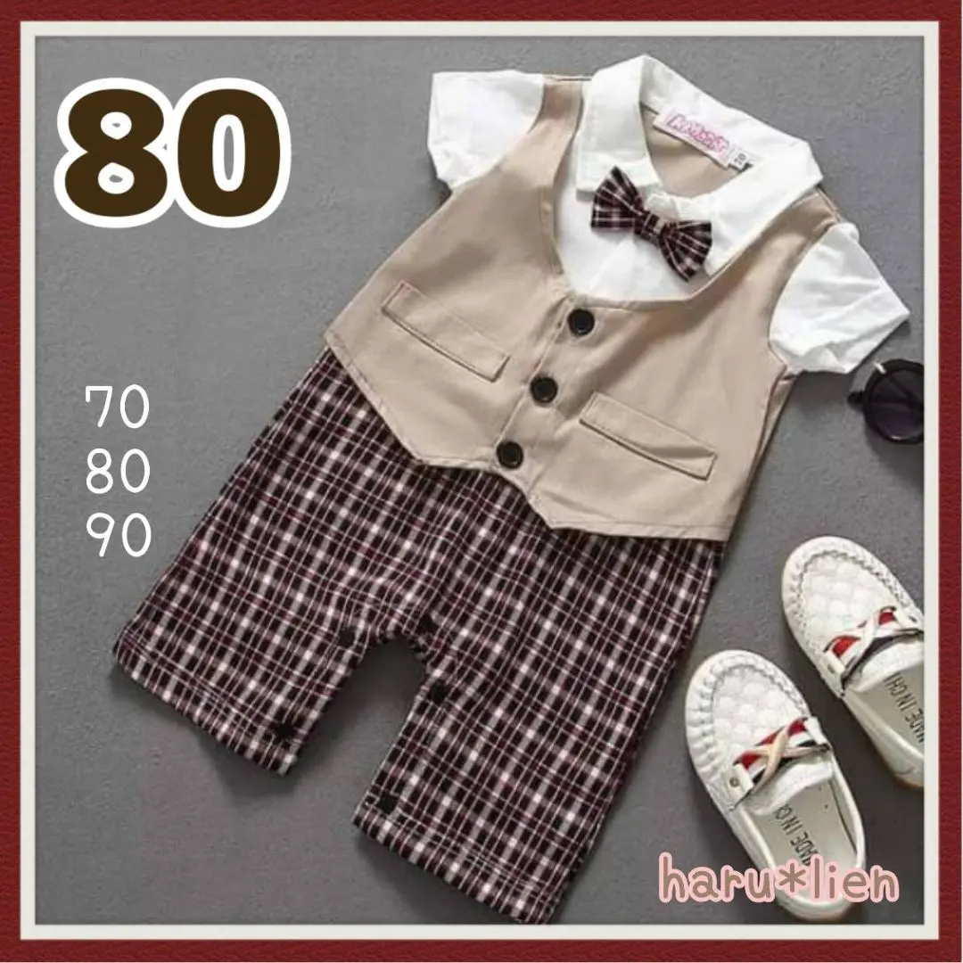 Thumbnail of 【New】80 Rompers Beige Vest Bow Tie Short Sleeve Baby e