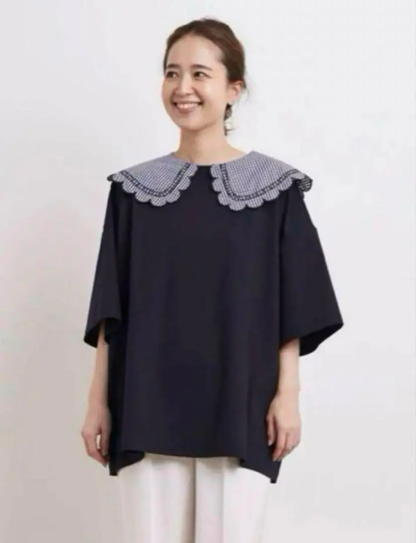 yori ギンガムスカラップカラーカットソー ネイビー 半袖トップス yori ギンガムスカラップカラーカットソー ネイビー 半袖