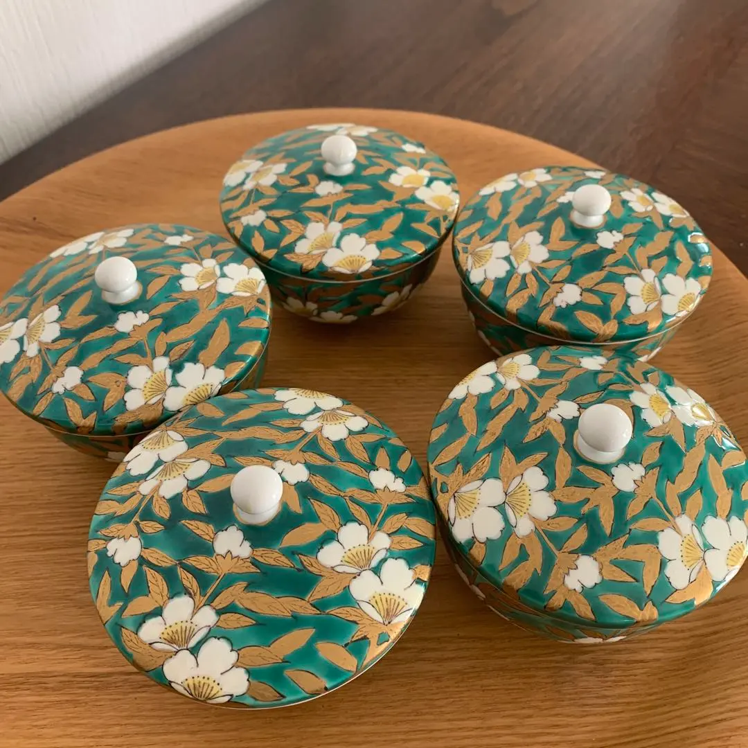 Thumbnail of Arita-yaki (Arita ware) Shuzan Kiln Saga Nishiki Green Floral Brocade Gold Trim Tea Set with Lidded Teacups, Set of 5