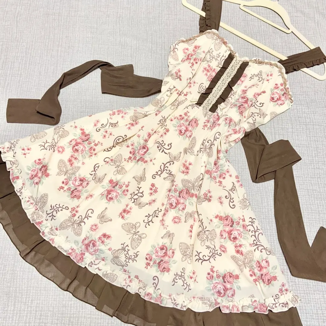 axes femme 花束×蝴蝶圖案吊帶連衣裙 Y2K 風格 Liz Lisa 風格 米色 的縮圖