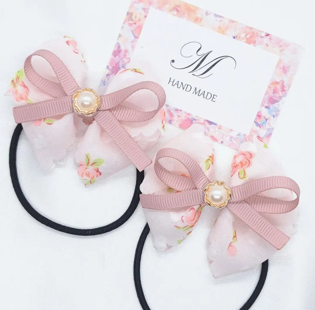Thumbnail of Kids' Ribbon Hair Ties Handmade Floral Chiffon ♡ Pink Flower Pearl