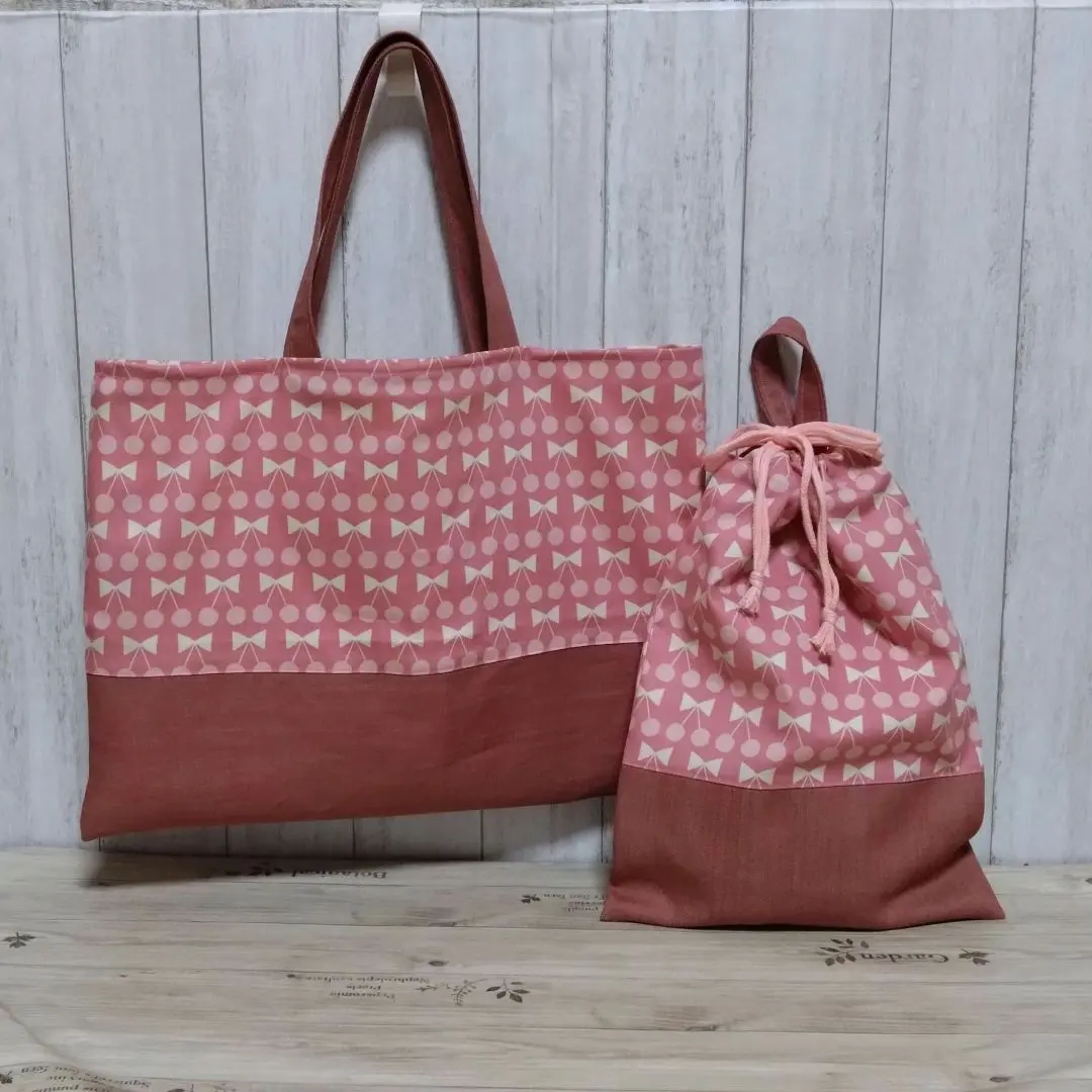 Thumbnail of Lesson bag, drawstring bag, with lining, 2-piece set for kindergarten entrance: Cherry and ribbon pattern