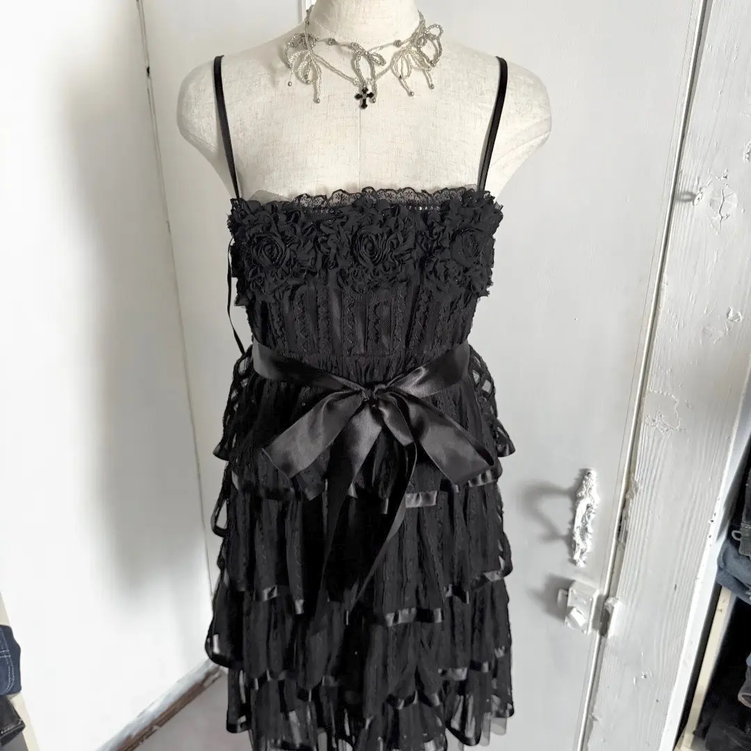 Thumbnail of Dark core frill tulle cami dress with black rose ribbon, y2k style