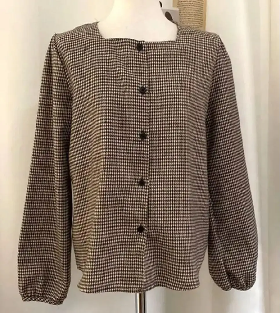 Thumbnail of Women's Top, Brown, Houndstooth, Office Wear, Spring, Long Sleeve, Puff Sleeve