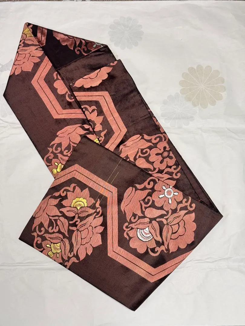 Thumbnail of Nagoya obi with brown and pink floral pattern