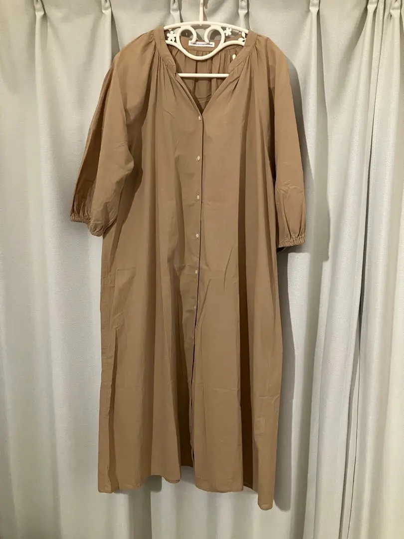 Thumbnail of Shirt dress, collarless, 100% cotton, balloon sleeves, outerwear, beige, cotton