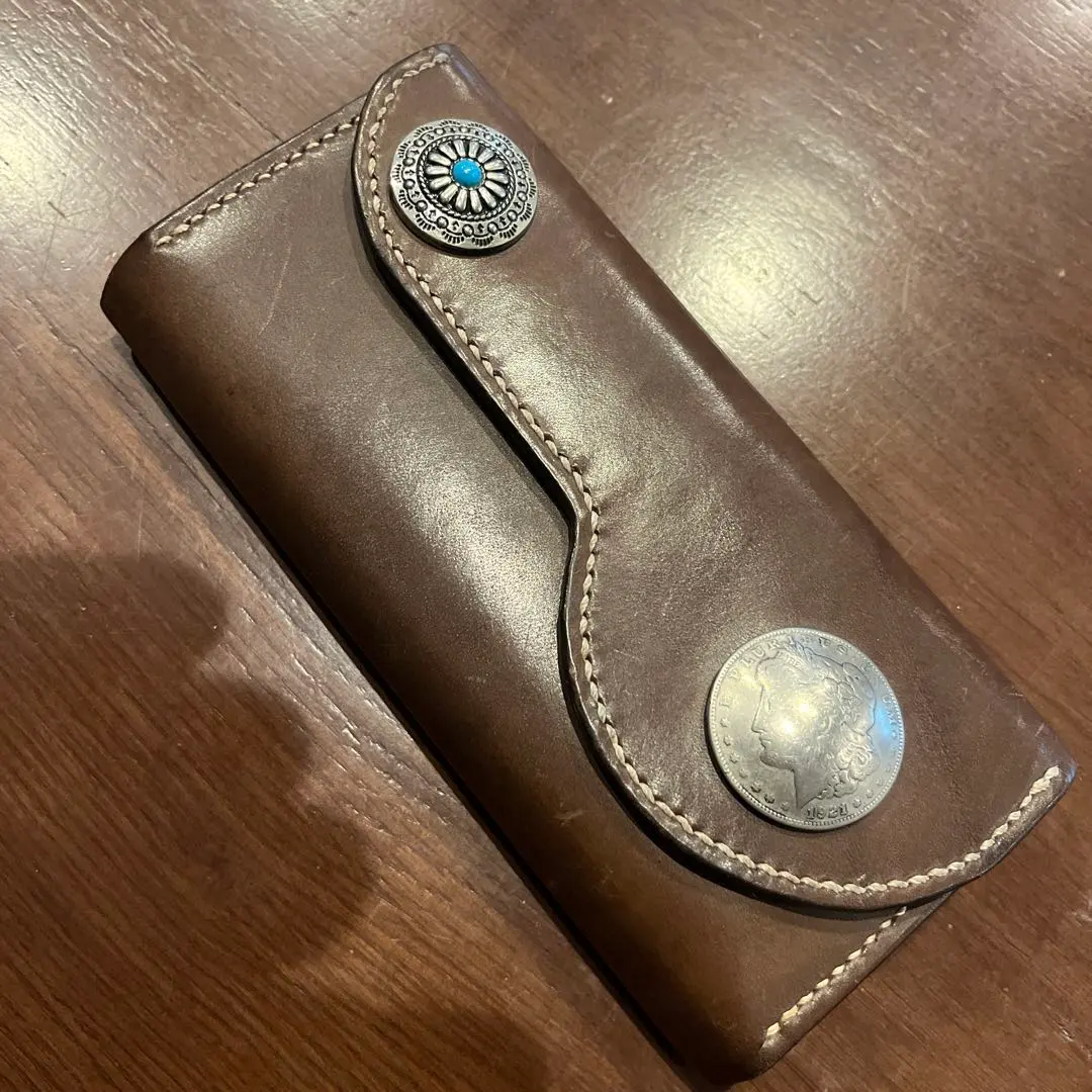 Thumbnail of Brown leather long wallet with snap button closure