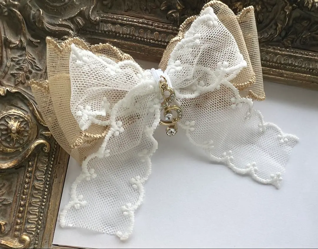 Thumbnail of High-quality organza lace ♡ Embroidered layered ribbon ♡ Treble clef ☆ White beige hair clip