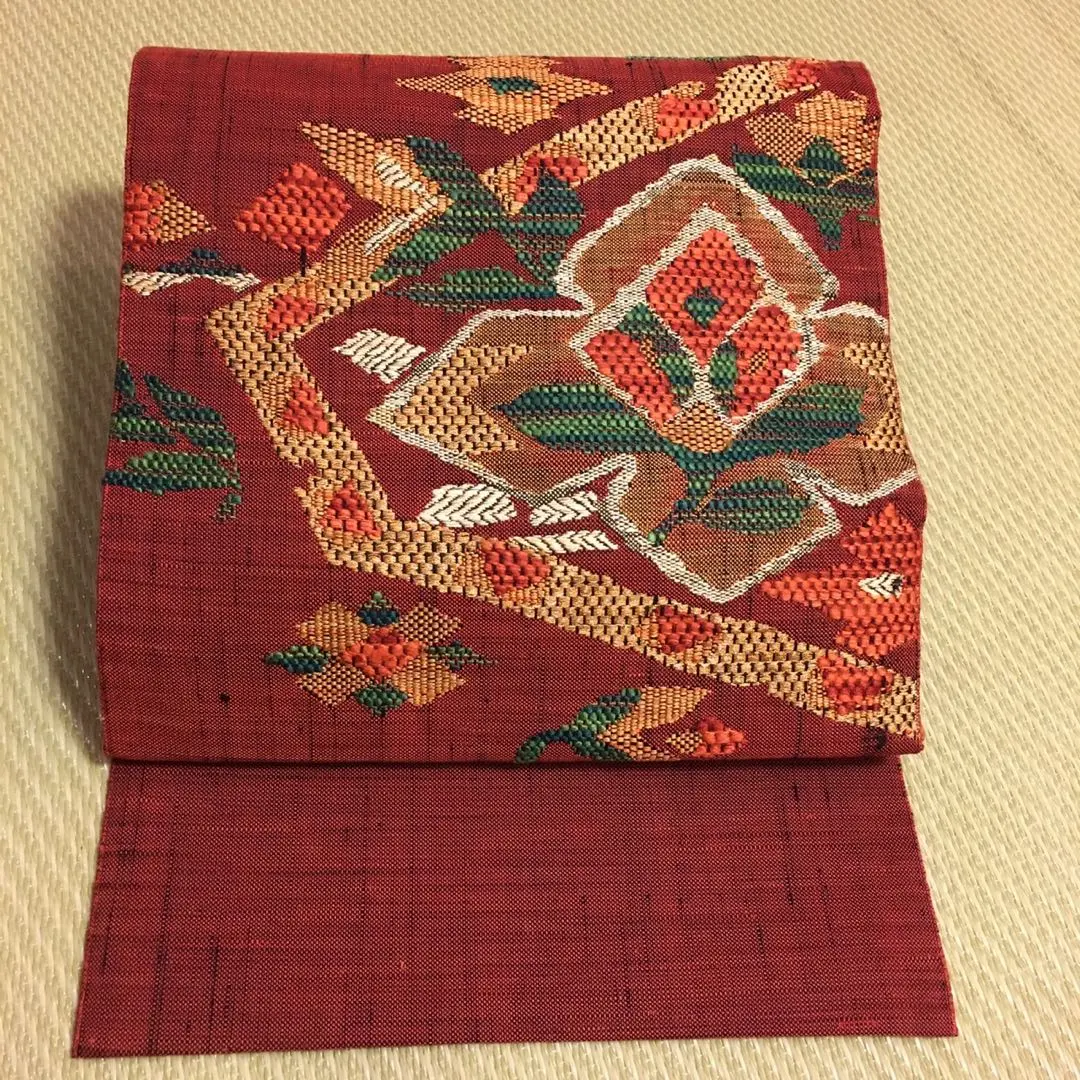 Thumbnail of Tsumugi Embroidered Nagoya Obi, Maroon, Excellent Condition