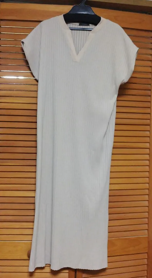 Thumbnail of reca Beige Ribbed Knit Long One-Piece Dress, Short Sleeve