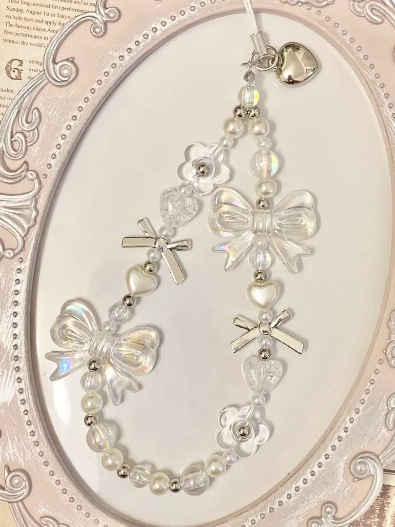 Thumbnail of 422 Aurora Ribbon Heart Silver Pearl Beads Strap Charm