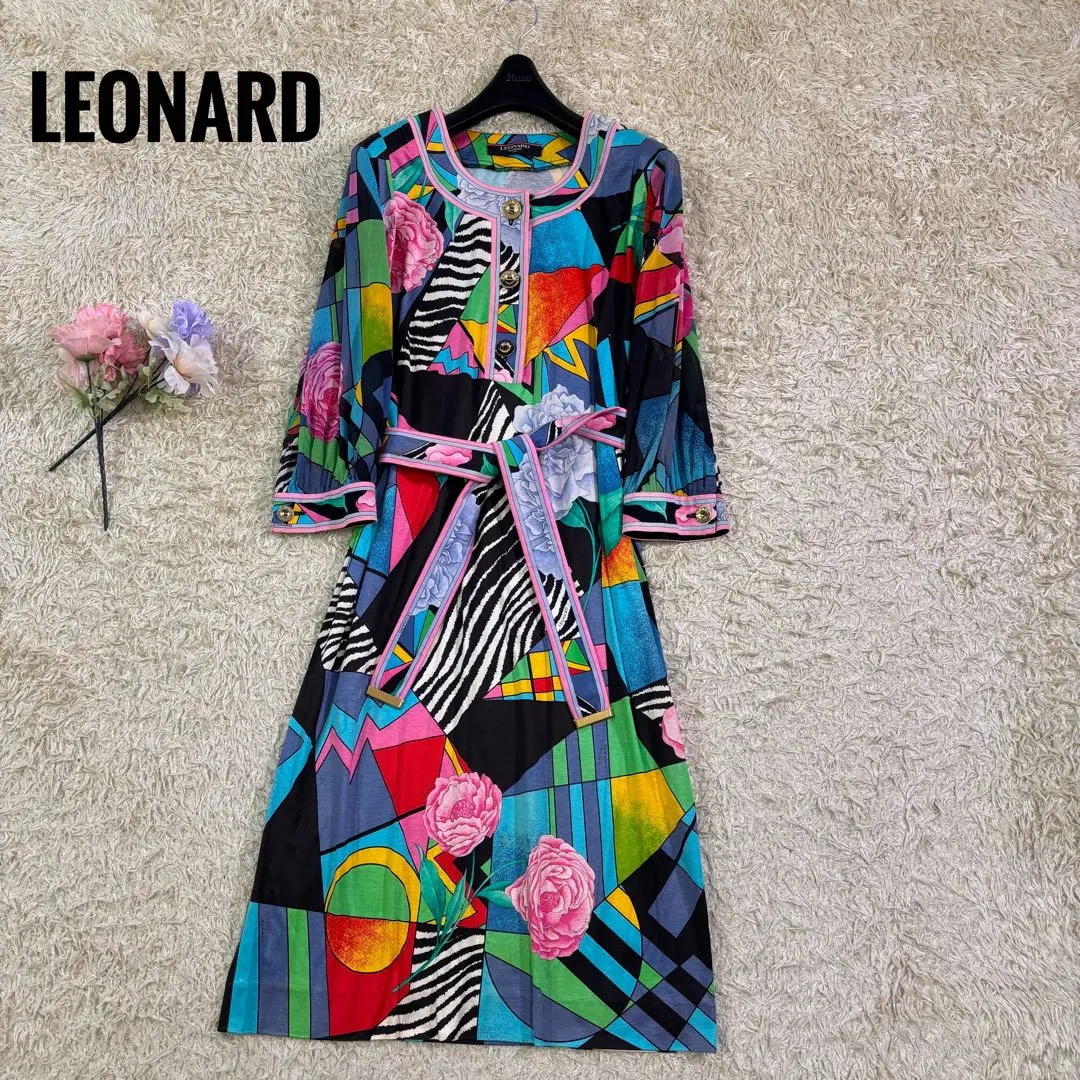 Thumbnail of LEONARD Floral Print Multicolor Belted Stretch Knee-Length Dress M