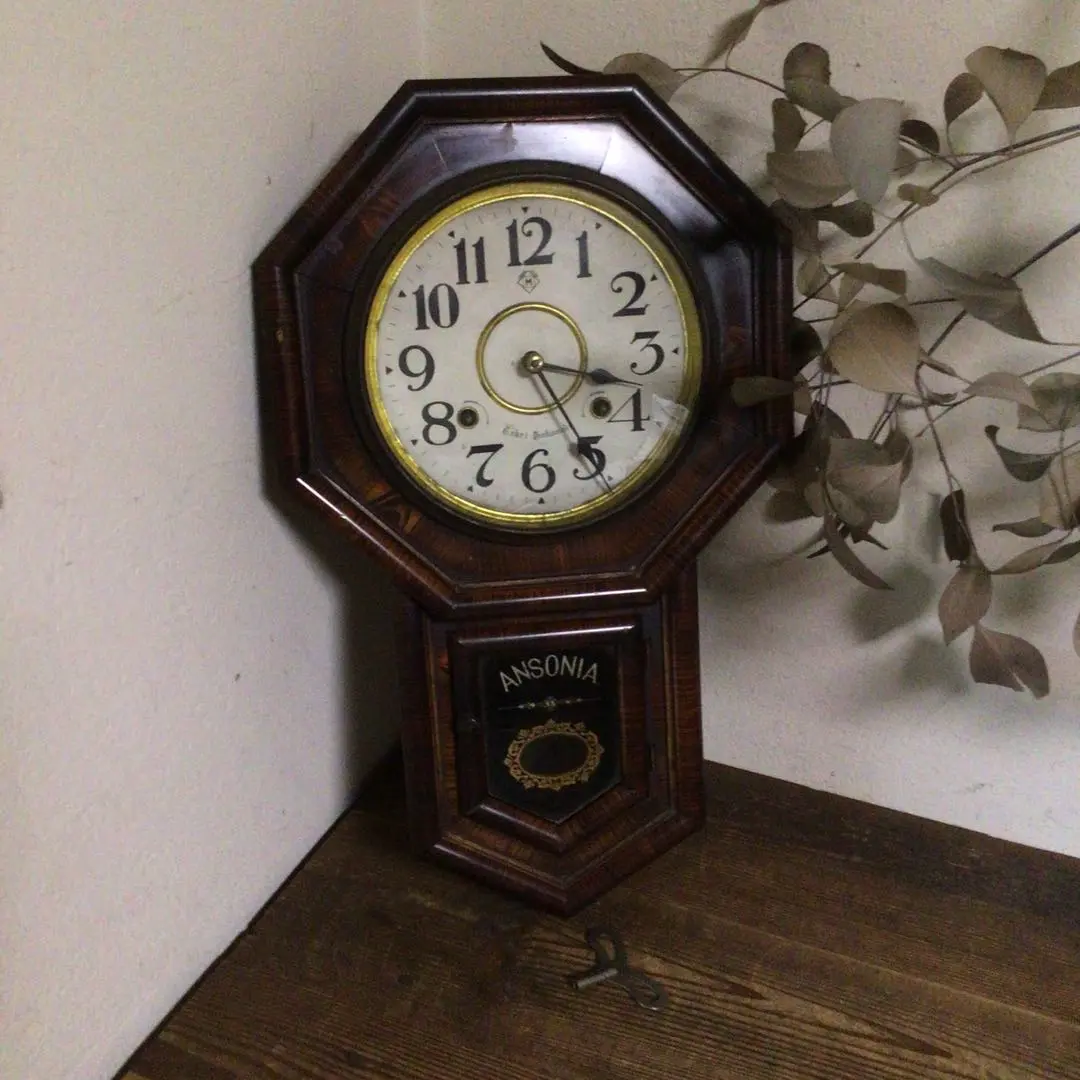 〈完動・美品〉ANSONIA　金箔八角合長ゼンマイ振り子時計　アンティーク古時計 完動・美品〉ANSONIA金箔八角合長ゼンマイ振り子時計