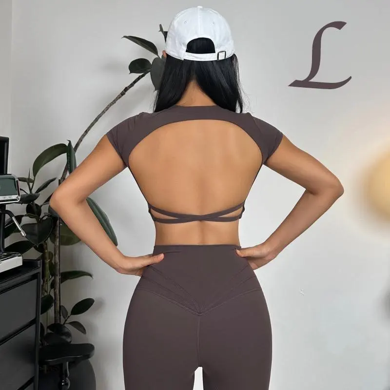 Thumbnail of Brown L size Yoga top sports top with pads Cross-back yoga tank