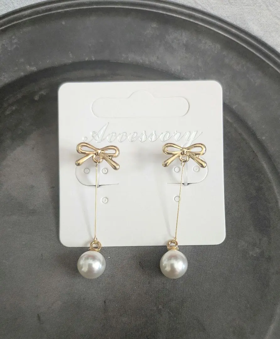 Thumbnail of Handmade * Gold Ribbon Pearl Resin Non-Hole Earrings / Earrings / Pierced Earrings