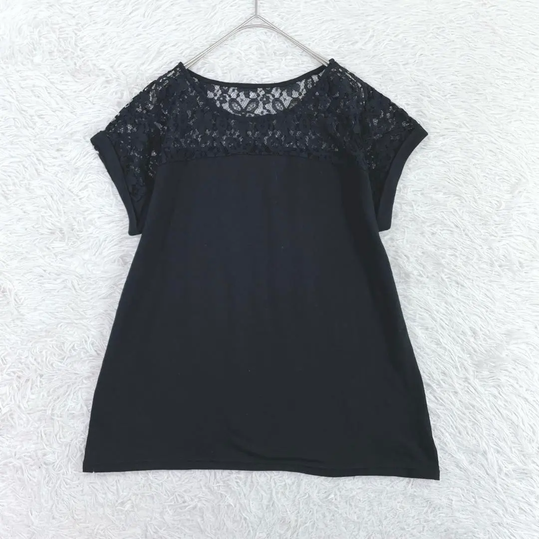 Thumbnail of New ◇ Openwork Lace Docking T-shirt French Sleeve M Black Delicate