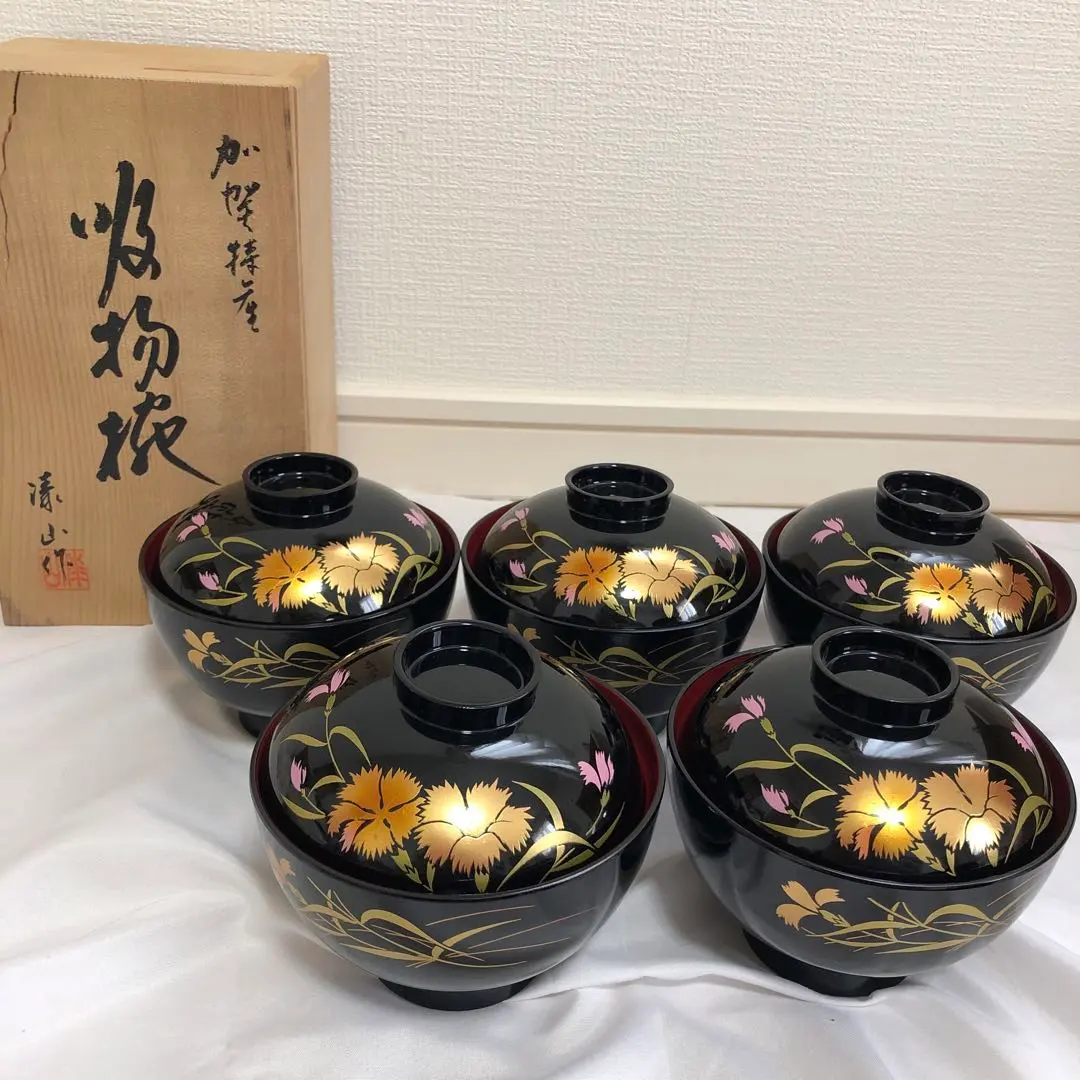 Thumbnail of Da13 Lacquered Soup Bowls, Set of 5, Kaga Specialty, Soup Bowls, Floral Pattern, Bulk Sale, Black and Gold