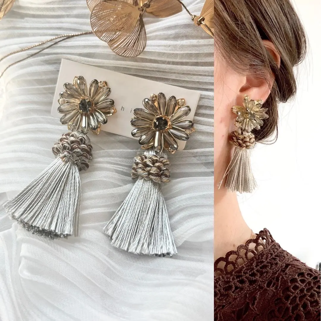 Thumbnail of Gray Glass Flower, Gray Antique Tassel Earrings/Earrings