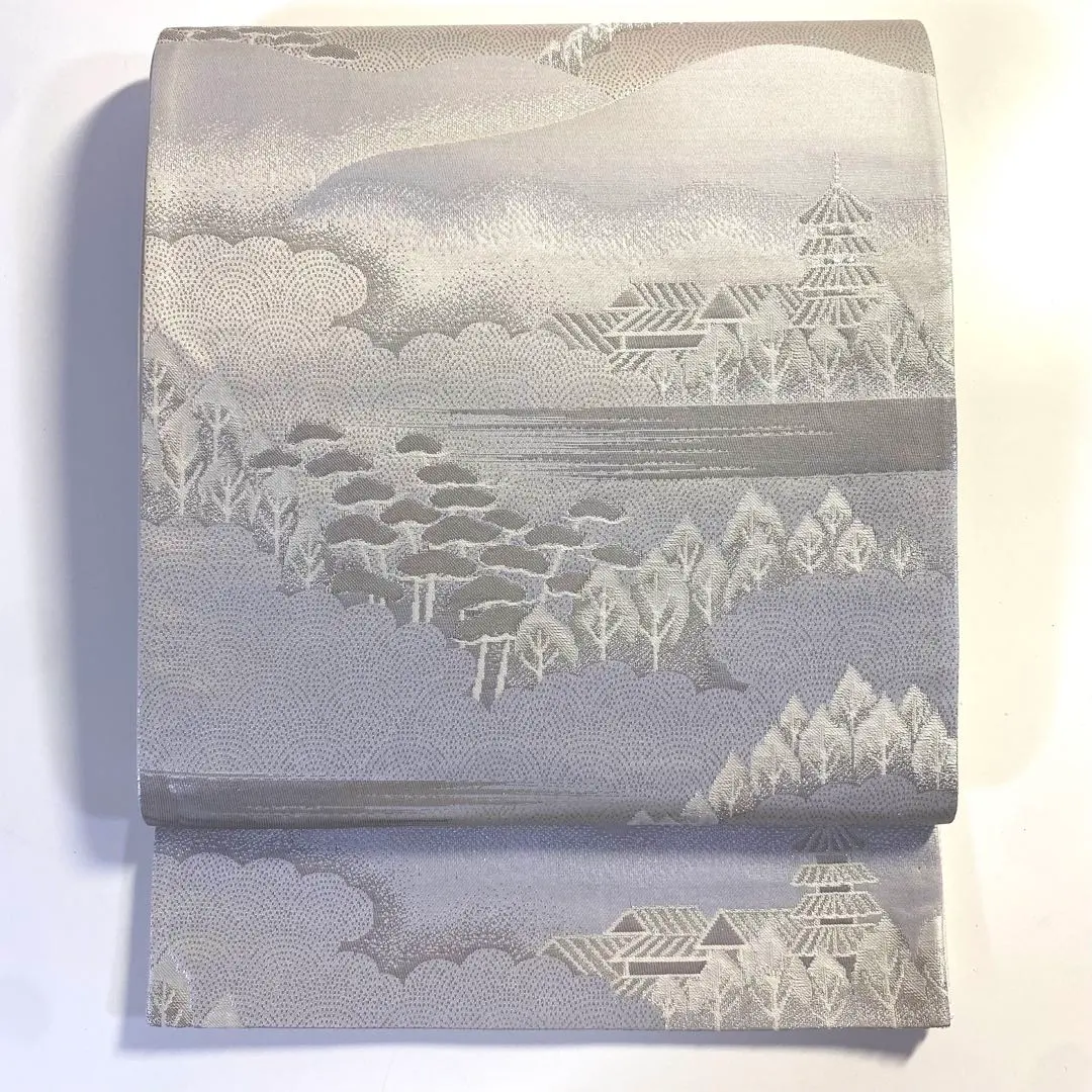 Thumbnail of 5k1960 Fukuro Obi (Japanese formal obi) silk, platinum foil, silver, white, patterned, Japanese clothing, kimono