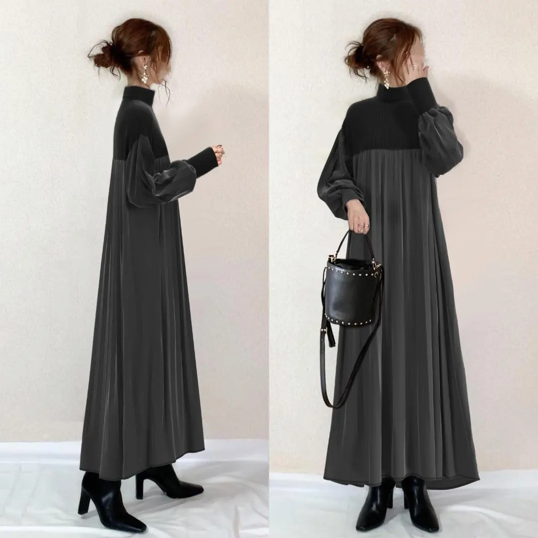 L碼 長款連衣裙 黑色 高領 褶皺 修身 絲絨 的縮圖