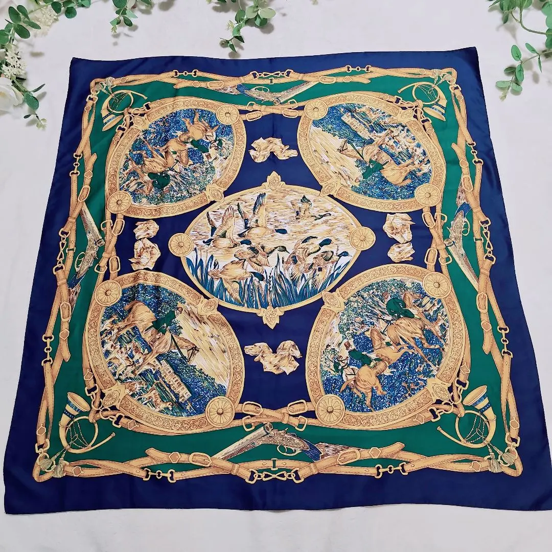 Thumbnail of Made in Italy ✨ Large square scarf, horse and bird pattern, navy green