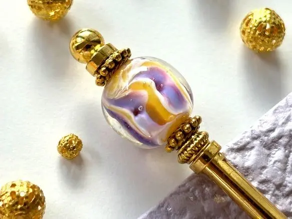 Thumbnail of Kanzashi (hair ornament): Purple and yellow striped bubble-shaped glass beads and dragonfly glass beads, single hairpin, tonbo-dama (glass beads), candy-like beads