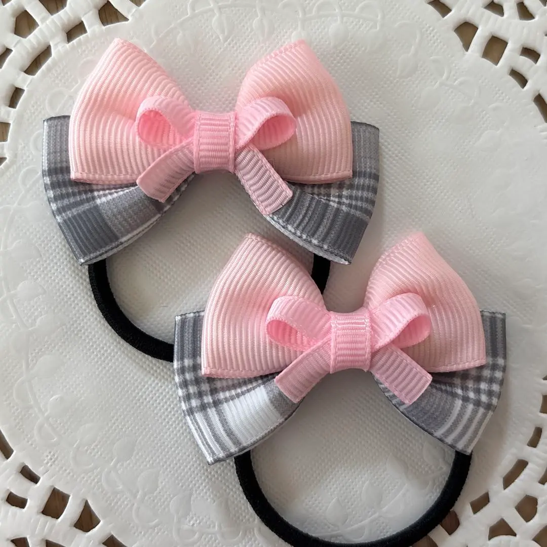 Thumbnail of [Restock] Handmade Hair Tie Gray Check Pink Ribbon 998