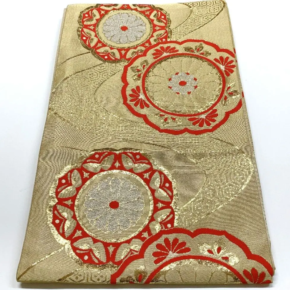 Thumbnail of [5056] Fukuro Obi (Japanese formal obi) - Mirror-backed floral and flowing water pattern, gold and silver thread, six-panel design, silk, formal wear