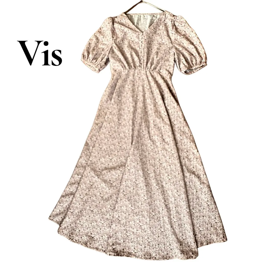 Vis 短袖長款連衣裙 粉米色 總小花紋 A字裙 的縮圖