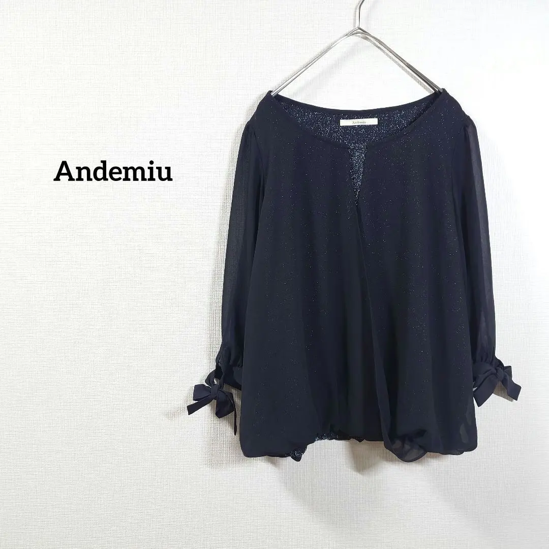 Thumbnail of Andemiu Blouse, Navy, Long Sleeve, with Ribbon, Glitter, Sheer, Women's