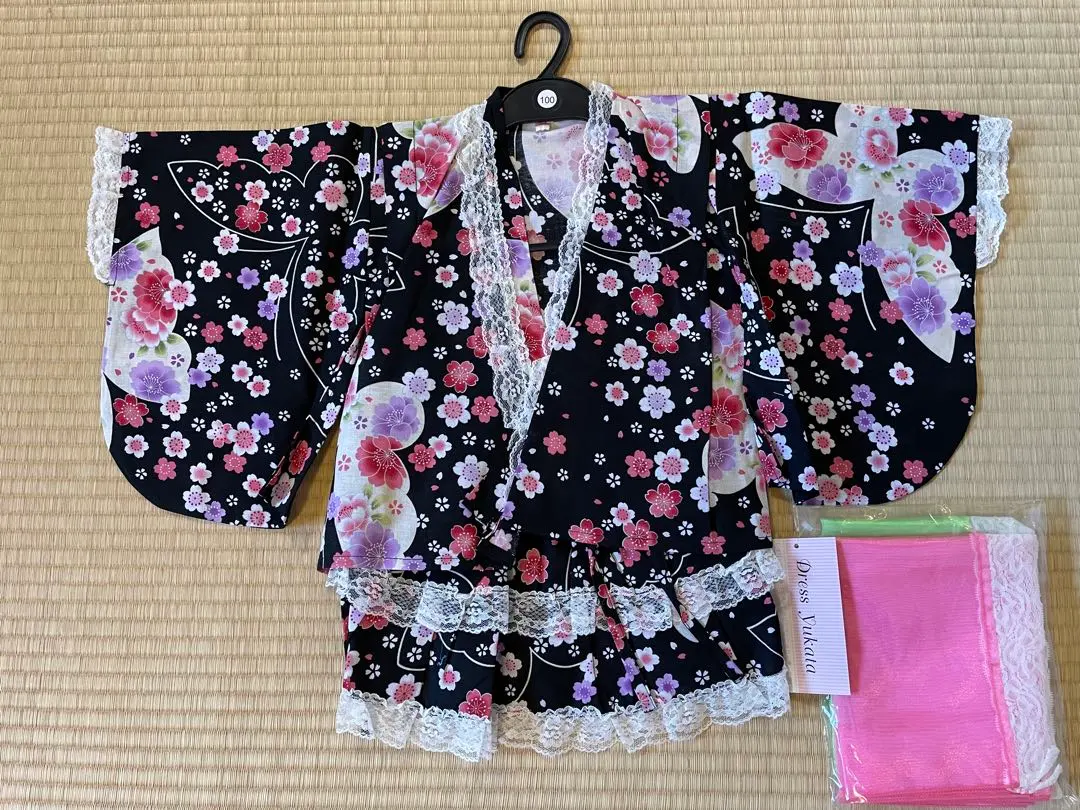 Thumbnail of New 100 size dress yukata with obi, for kids, floral pattern