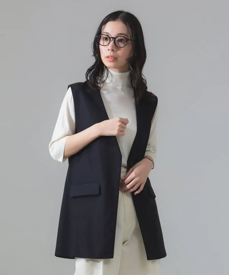 美品✨　デミルクスビームス　ロングジレ　ベスト　濃紺　日本製　サイズ36 Demi-Luxe BEAMS ベスト ジレ ウール リバー ロングジレ