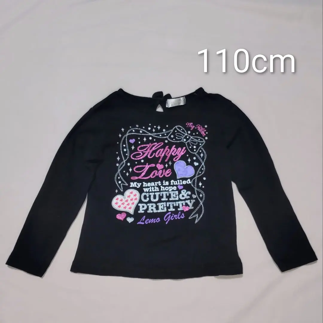 Thumbnail of Black cut-and-sew top, size 110, lame print, heart applique, ribbon, rhinestone