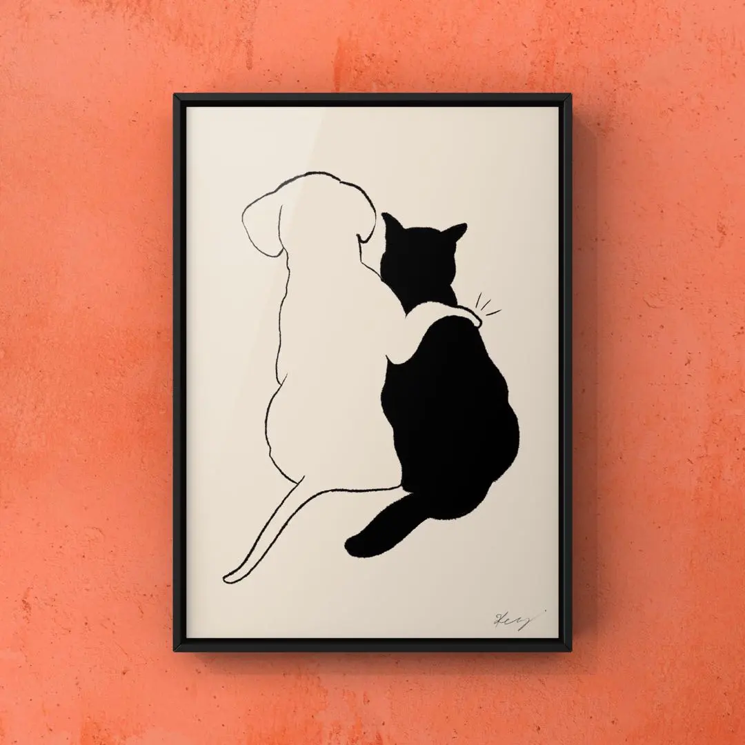 Thumbnail of ★A4 Framed★ Original Art Poster POSITIVE Dog & Cat Interior