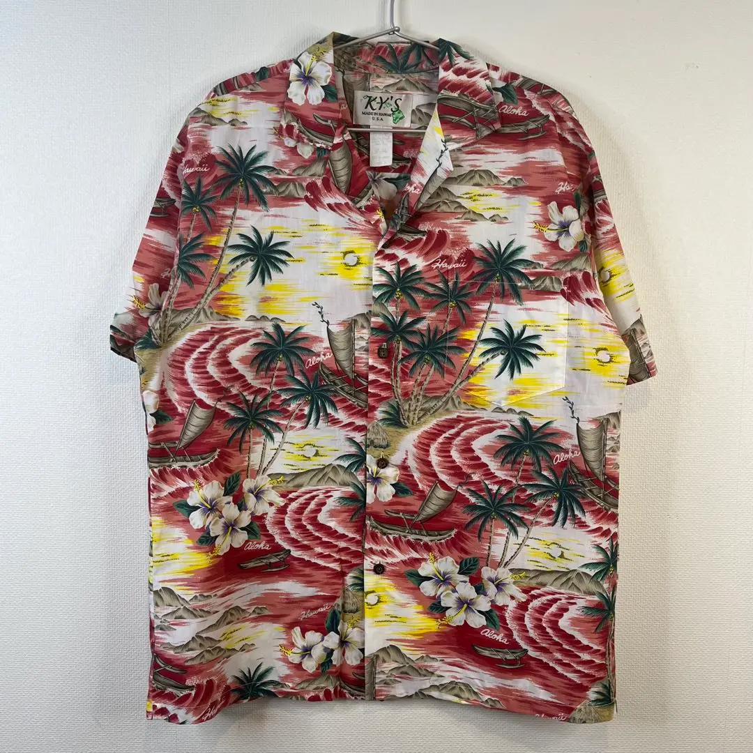Thumbnail of [Made in USA] Aloha Shirt, Palm Trees & Hibiscus, Red, Size M