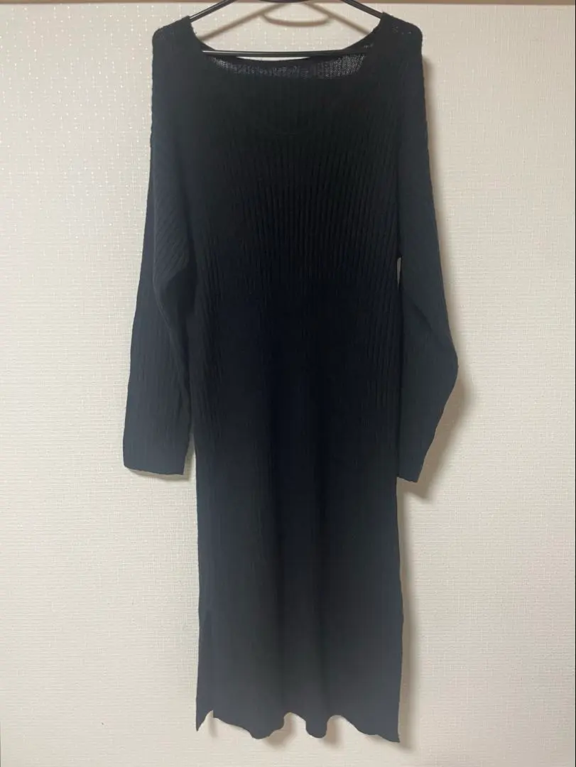 Thumbnail of Knit Dress Long Dress Black V-neck Long Sleeve Both Sides Slit