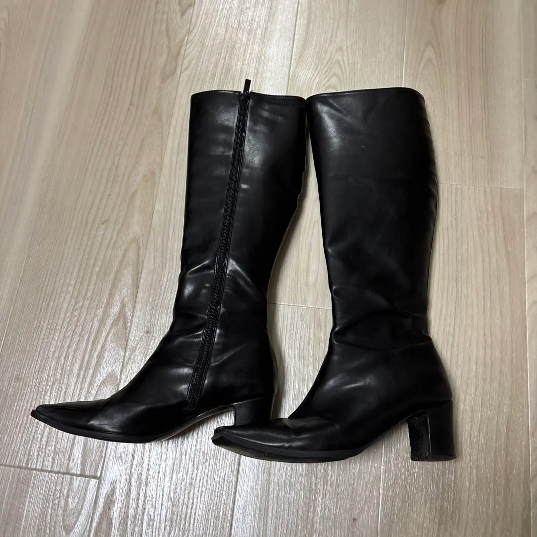 Dholic 黑色皮革長靴 中跟 的縮圖