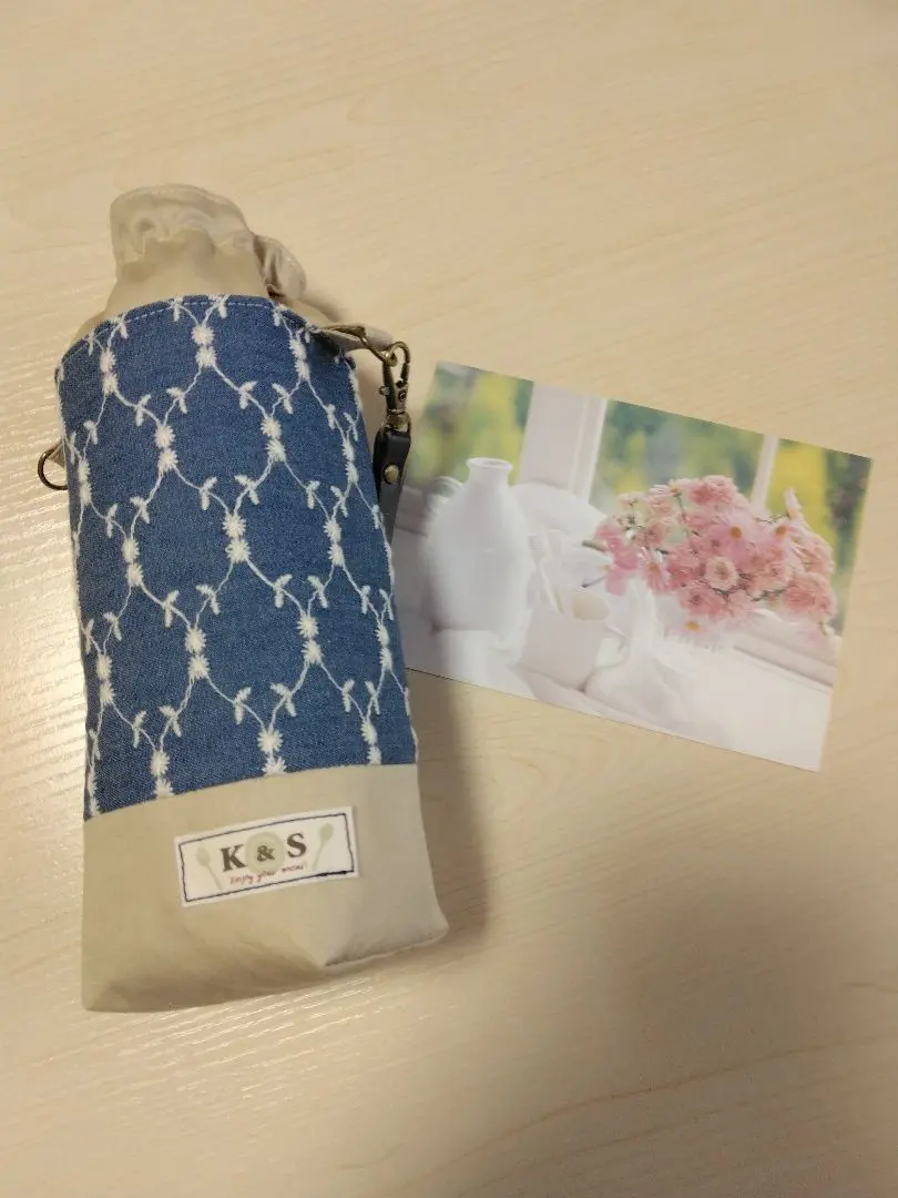 寵物瓶套 保溫保冷附帶 棉質刺繡布料 海軍藍花紋 米色 的縮圖