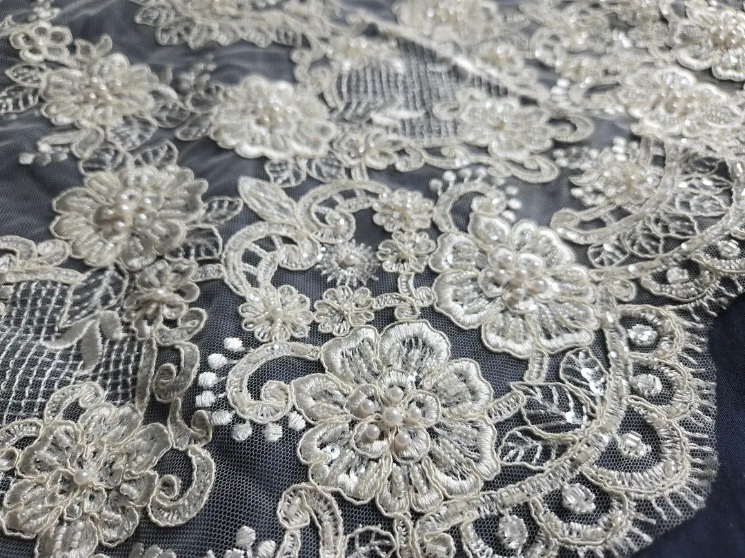 Thumbnail of Beaded embroidery ivory floral lace fabric