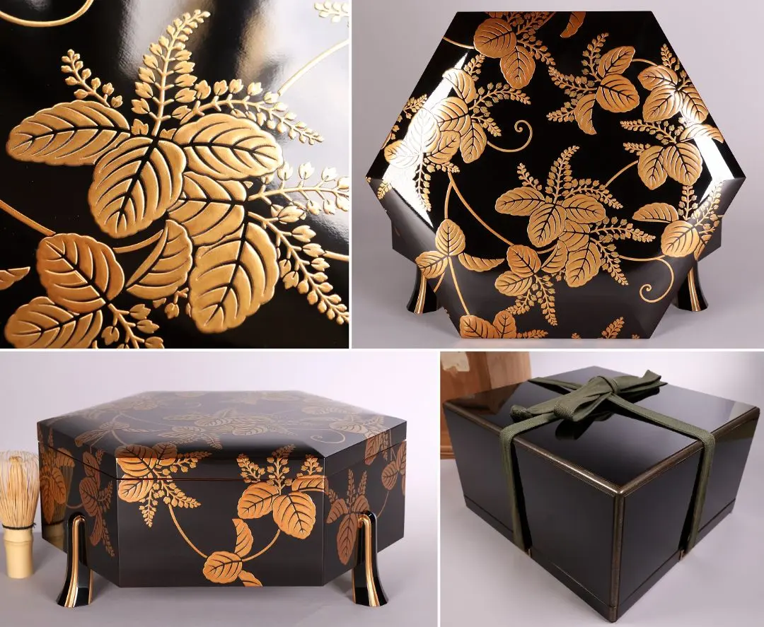 B424h「桐に竜胆唐草蒔絵 香合」黒漆塗　木地　香道具　茶道具　古桐箱付 B424h「桐に竜胆唐草蒔絵 香合」黒漆塗 木地 香道具 茶道具 古桐