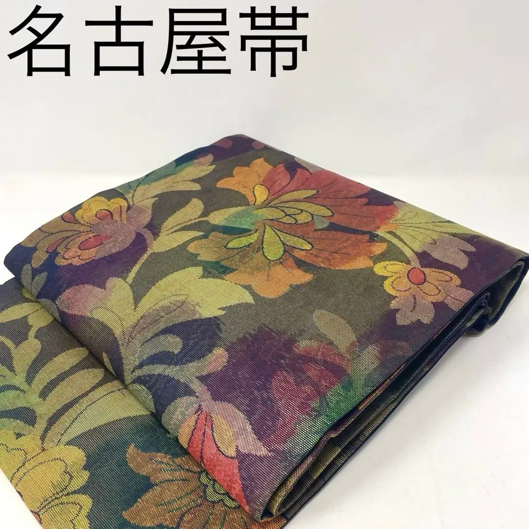Thumbnail of [Nagoya Obi] Silk, Double-layered, Navy Blue, Plants, Flowers, Botanical, Colorful