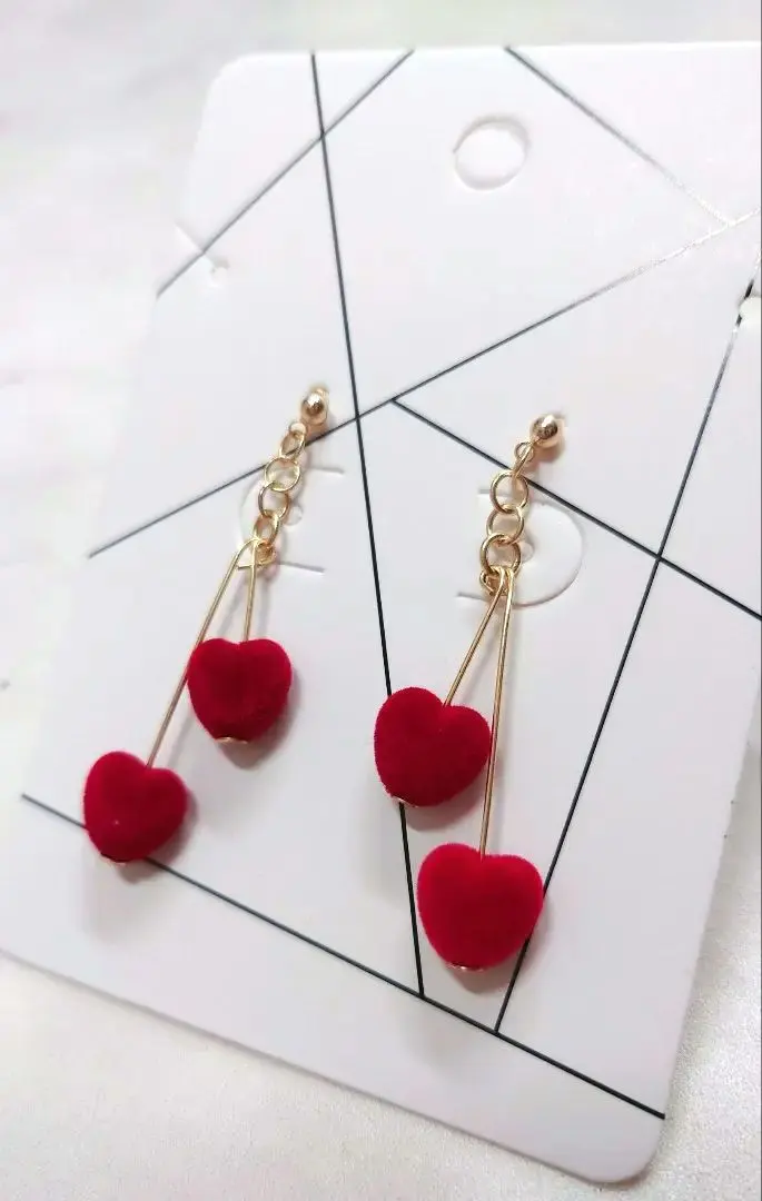 Thumbnail of Handmade earrings, heart, red, flocked