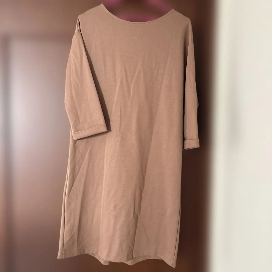 Thumbnail of Beige knit dress, 3/4 sleeves, with waist ribbon